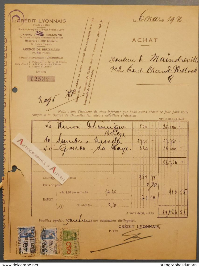 1936 Bruxelles Crédit Lyonnais - Achat D'actions Pour M. Maindreville - Belgique - Timbres Fiscaux - Banco & Caja De Ahorros