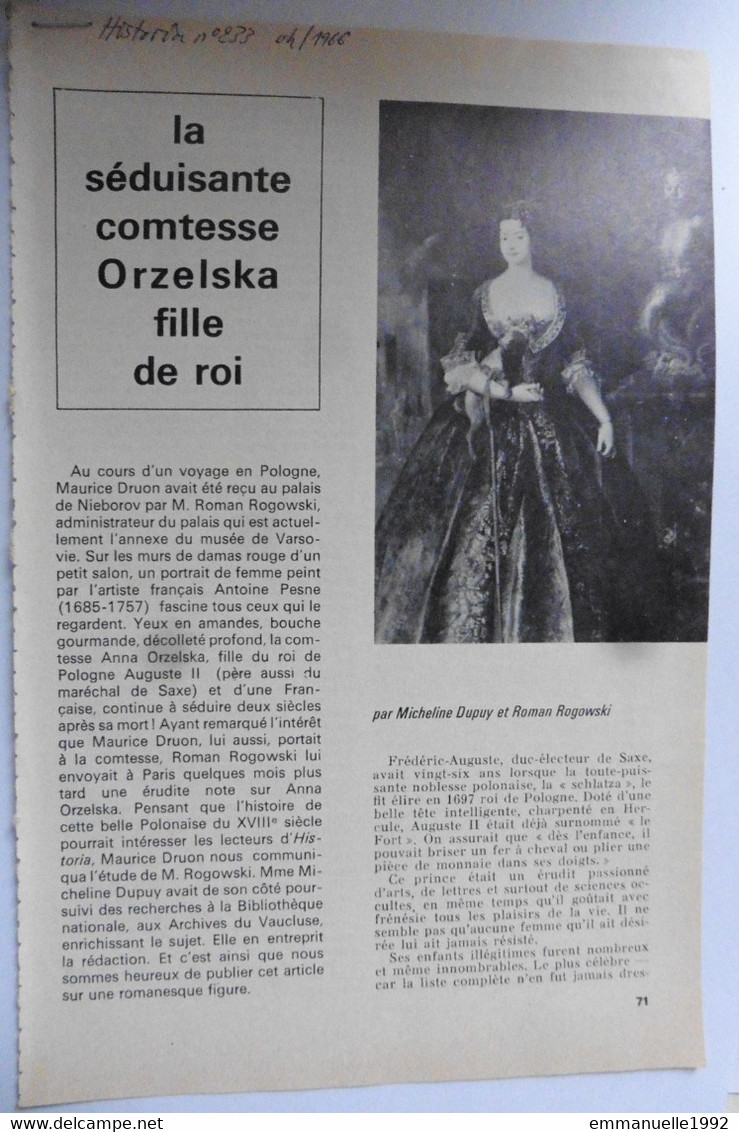 Article Revue Historia N°233 Avril 1966 La Comtesse Orzelska Fille De Roi 6 Pages - Histoire