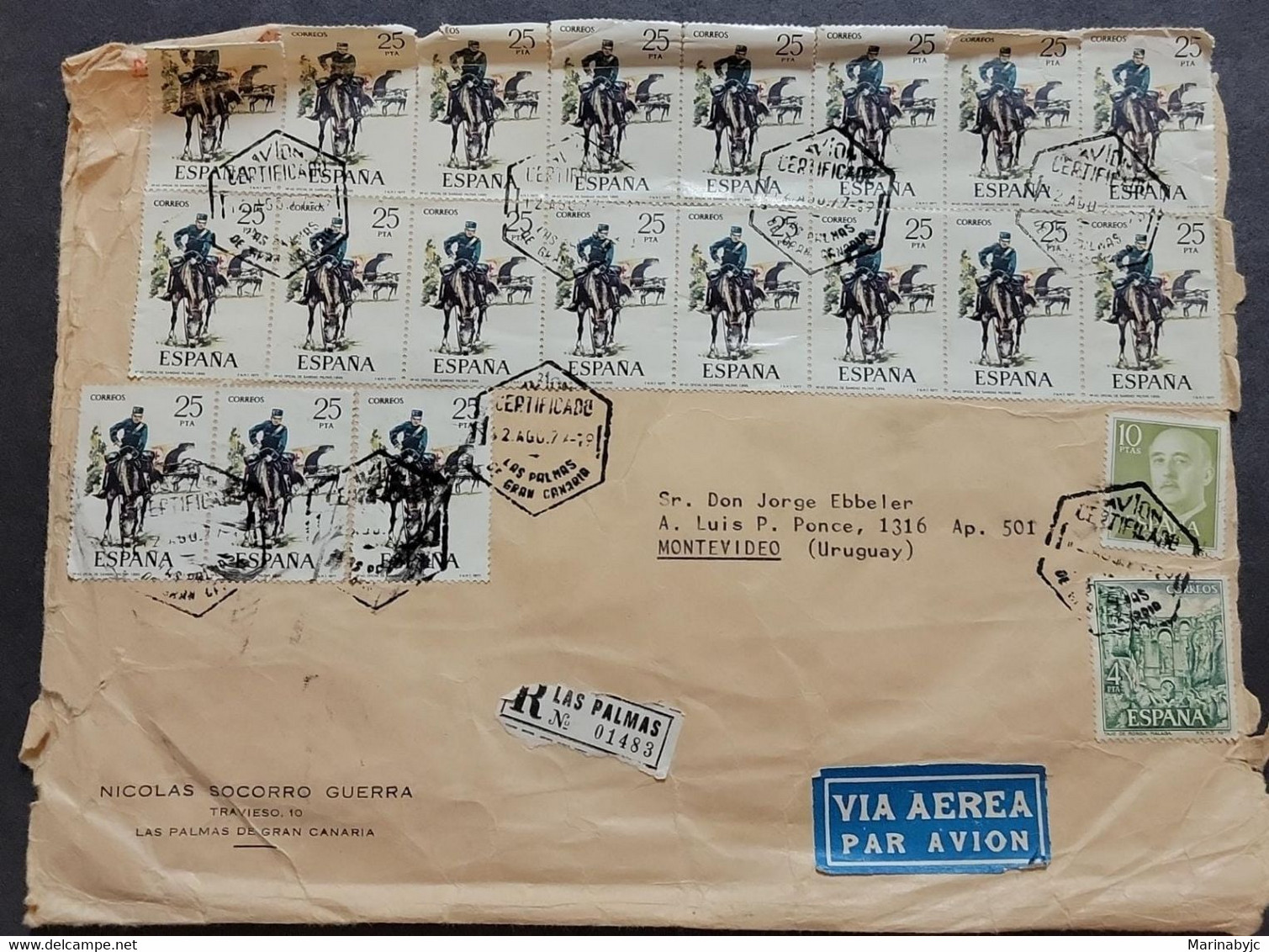 SP) 1977 SPAIN, VARIETY STAMPS, REGISTRED, AIRMAIL, SHIPPER FROM LAS PALMAS TO MONTEVIDEO URUGUAY, XF - Other & Unclassified