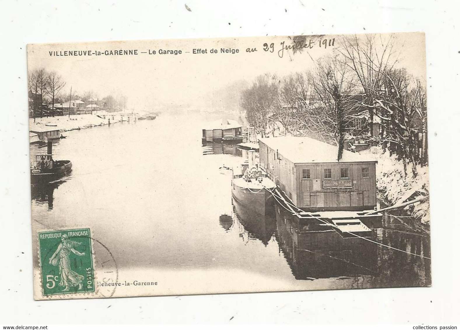 Cp ,92 , VILLENEUVE LA GARENNE, Le Garage , Effet De Neige , Voyagée 1911 , Péniche - Villeneuve La Garenne