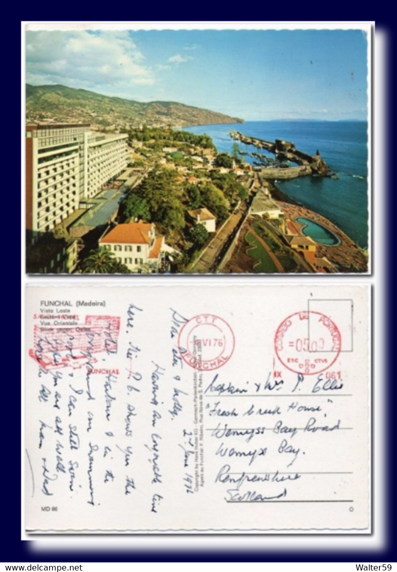 1976 Portugal Postcard Funchal Madeira Posted To Scotland ATM Red Meter - Frankeermachines (EMA)