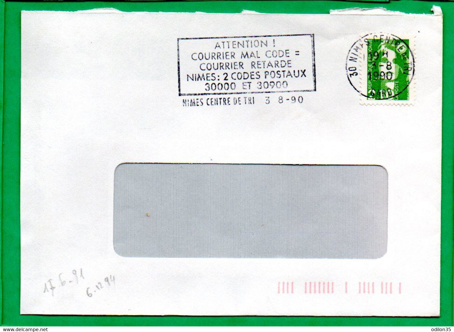 GARD, Nimes Centre De Tri, "Attention! Courrier Mal Codé = Courrier Retardé Nimes 2 Codes Postaux 30000 Et 30900" - Mechanical Postmarks (Advertisement)