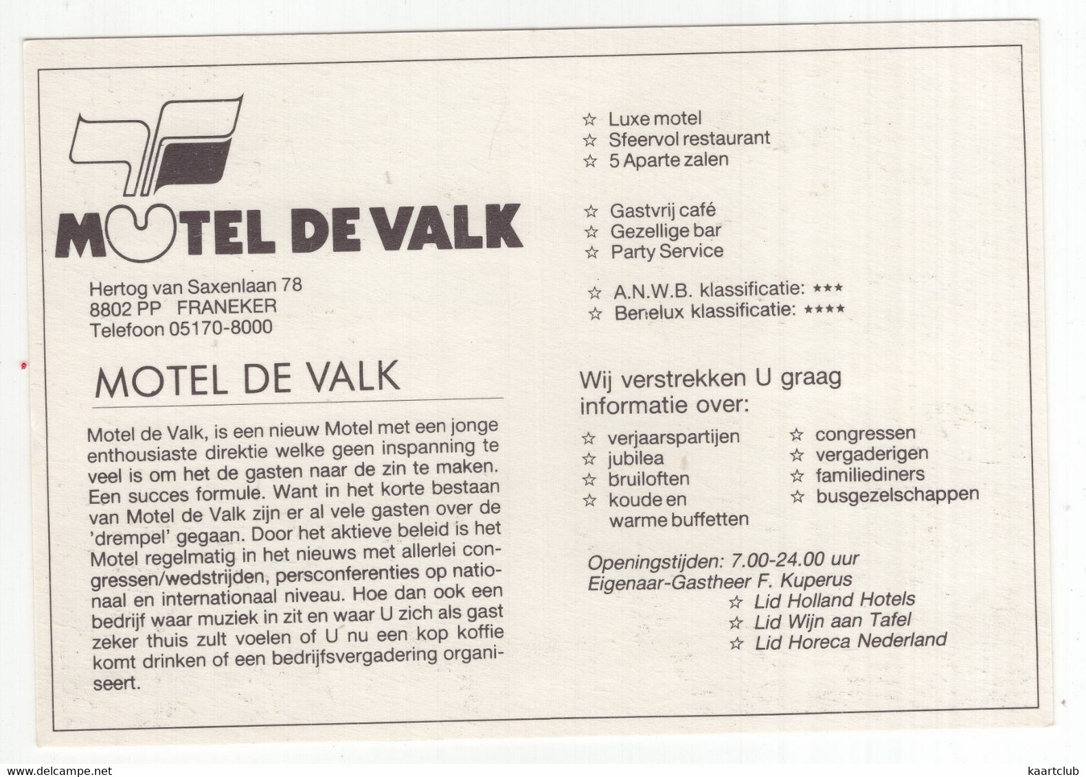 Franeker - Motel 'De Valk', Hertog Van Saxenlaan 78 - (Friesland, Nederland / Holland)  - Reclamekaart - Franeker