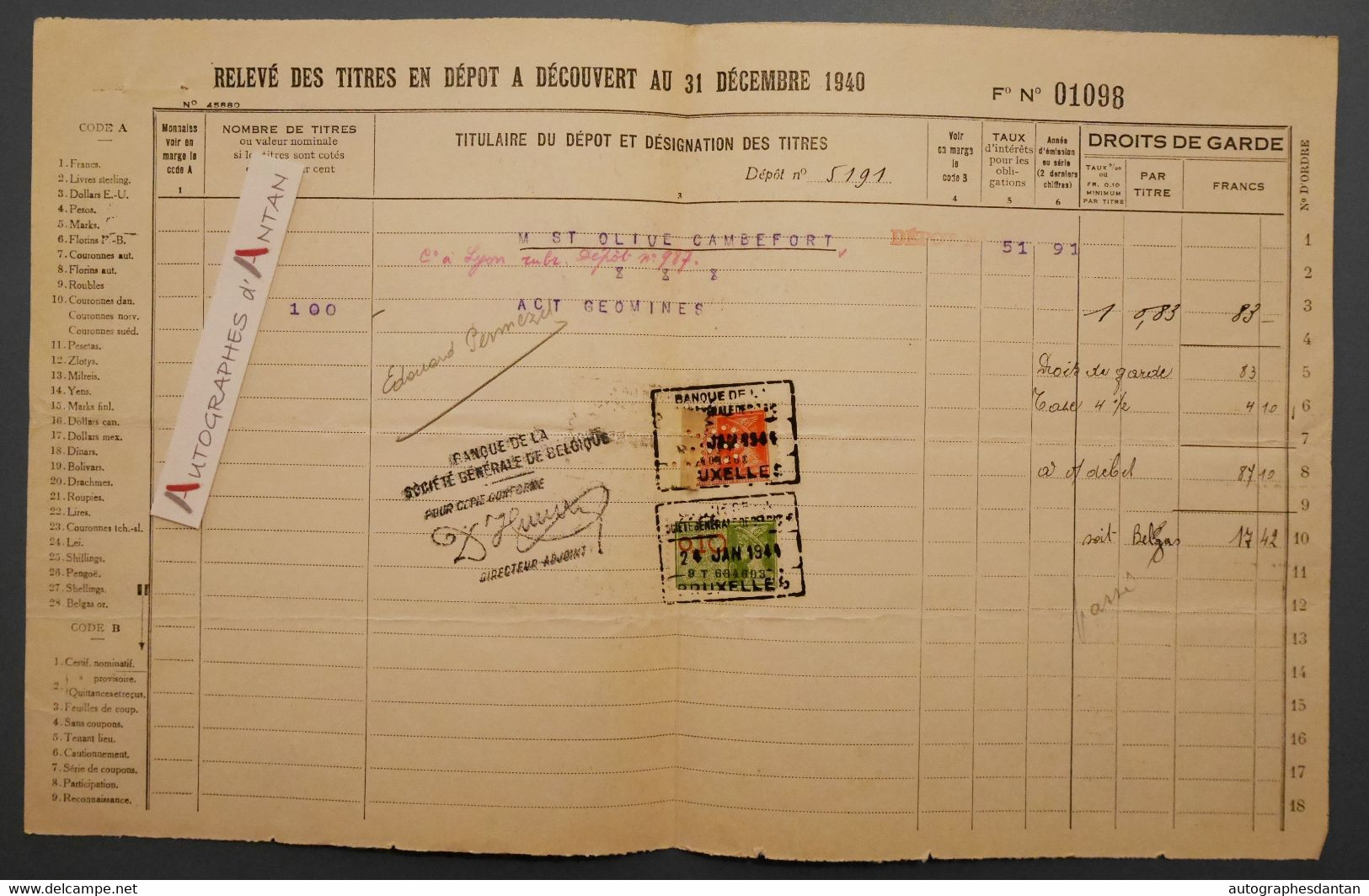 1940 Relevé D'actions GEOMINES Banque Société Générale De Belgique - Saint Olive Cambefort Timbres Fiscaux 1 Perforé - Bank En Verzekering