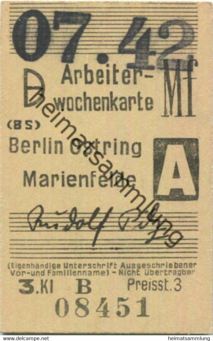 Deutschland - Arbeiterwochenkarte - Berlin Ostring Marienfelde - Fahrkarte Berlin S-Bahn-Verkehr 3. Klasse 1942 - Europa