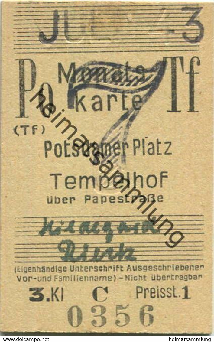 Deutschland - Monatskarte - Berlin Potsdamer Platz Tempelhof über Papestraße - Fahrkarte Berlin S-Bahn-Verkehr 3. Klasse - Europa