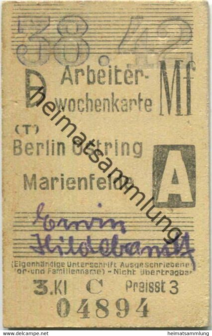 Deutschland - Arbeiterwochenkarte - Berlin Ostring Marienfelde - Fahrkarte Berlin S-Bahn-Verkehr 3. Klasse 1942 - Europa