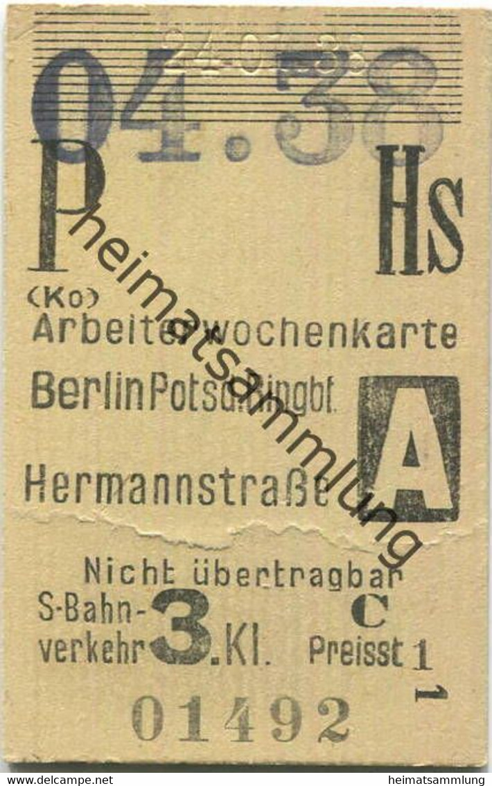 Deutschland - Arbeiterwochenkarte - Berlin Potsdamer Platz Ringbahnhof Hermannstraße - Fahrkarte Berlin S-Bahn-Verkehr 3 - Europa