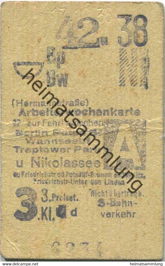 Deutschland - Arbeiterwochenkarte - Hermannstraße - Fahrkarte Berlin S-Bahn-Verkehr 3. Klasse 1938 - Europe