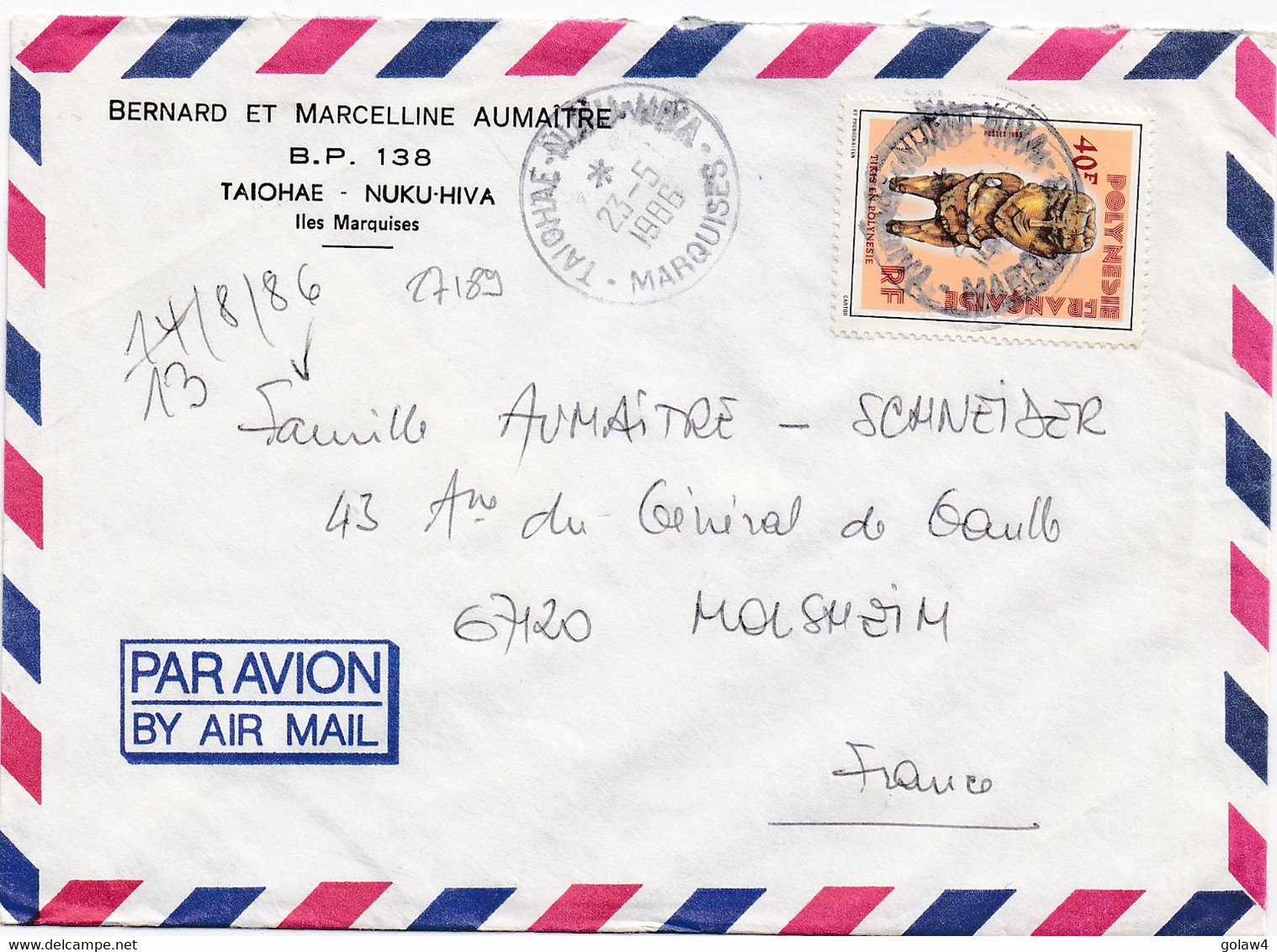 27189# LETTRE PAR AVION Obl TAIOHAE NUKU HIVA ILES MARQUISES 1986 POLYNESIE Pour MOLSHEIM BAS RHIN ALSACE - Tahiti