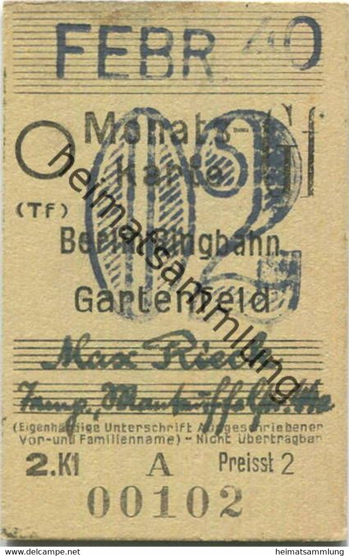 Deutschland - Monatskarte - Berlin Ringbahn Gartenfeld - Fahrkarte Berlin S-Bahn-Verkehr 2. Klasse 1940 - Europe