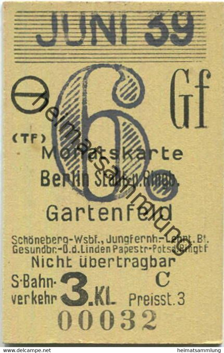 Deutschland - Monatskarte - Berlin Stadt- Und Ringbahn Gartenfeld - Fahrkarte Berlin S-Bahn-Verkehr 3. Klasse 1938 - Europe