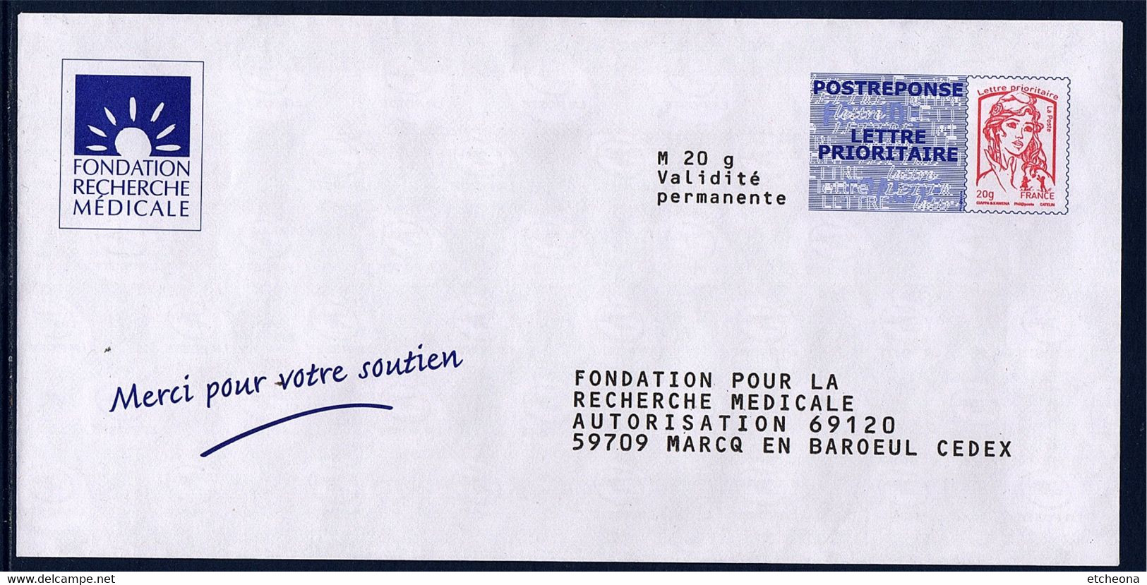 Fondation Pour La Recherche Enveloppe Postréponse Marianne Et La Jeunesse Non Circulée TVP LP Lot 15P313 Type N°4767 - Listos A Ser Enviados: Respuesta