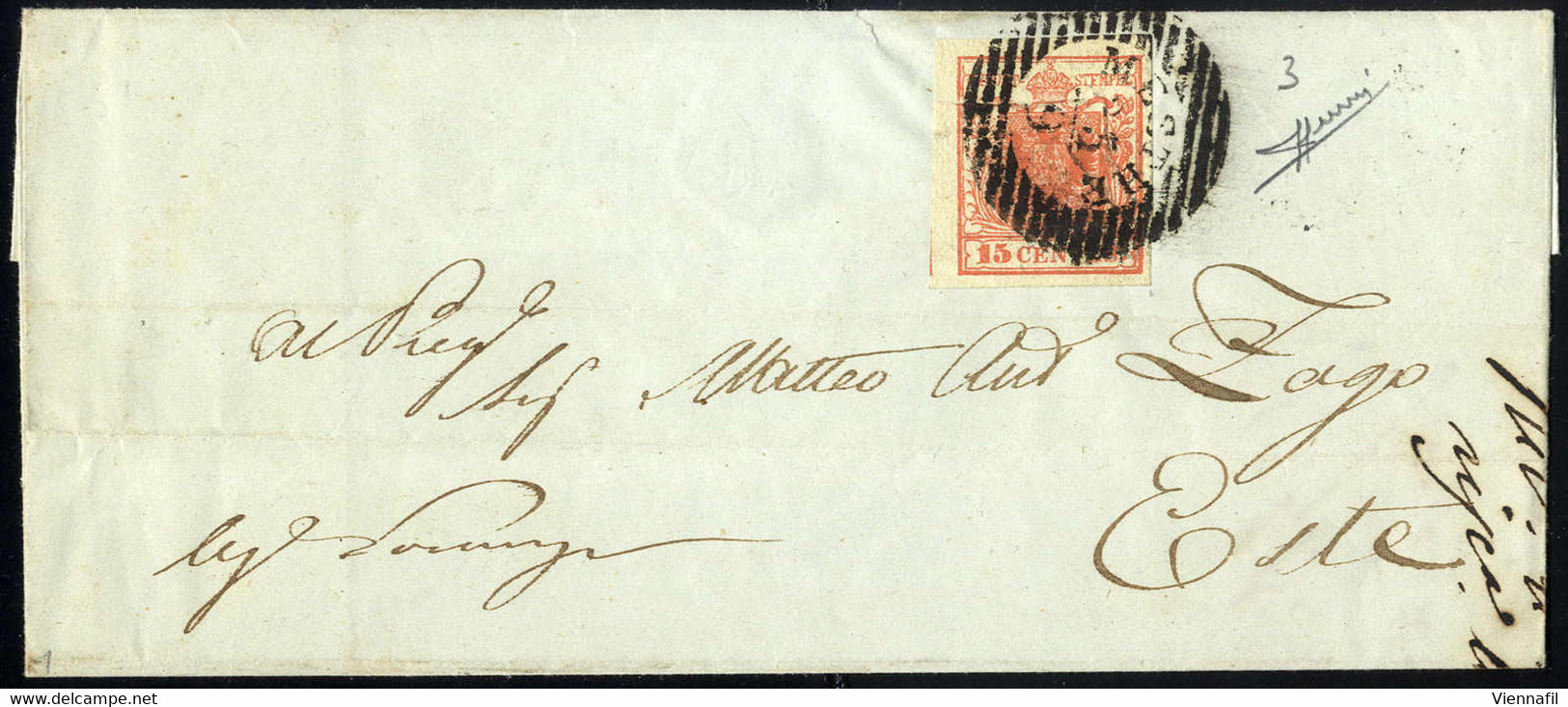 Cover 1850, 15 Cent. Rosso, Primo Tipo, Su Lettera Da Mestre, Firm. Sorani (Sass. 3 - ANK 3HI) - Lombardy-Venetia