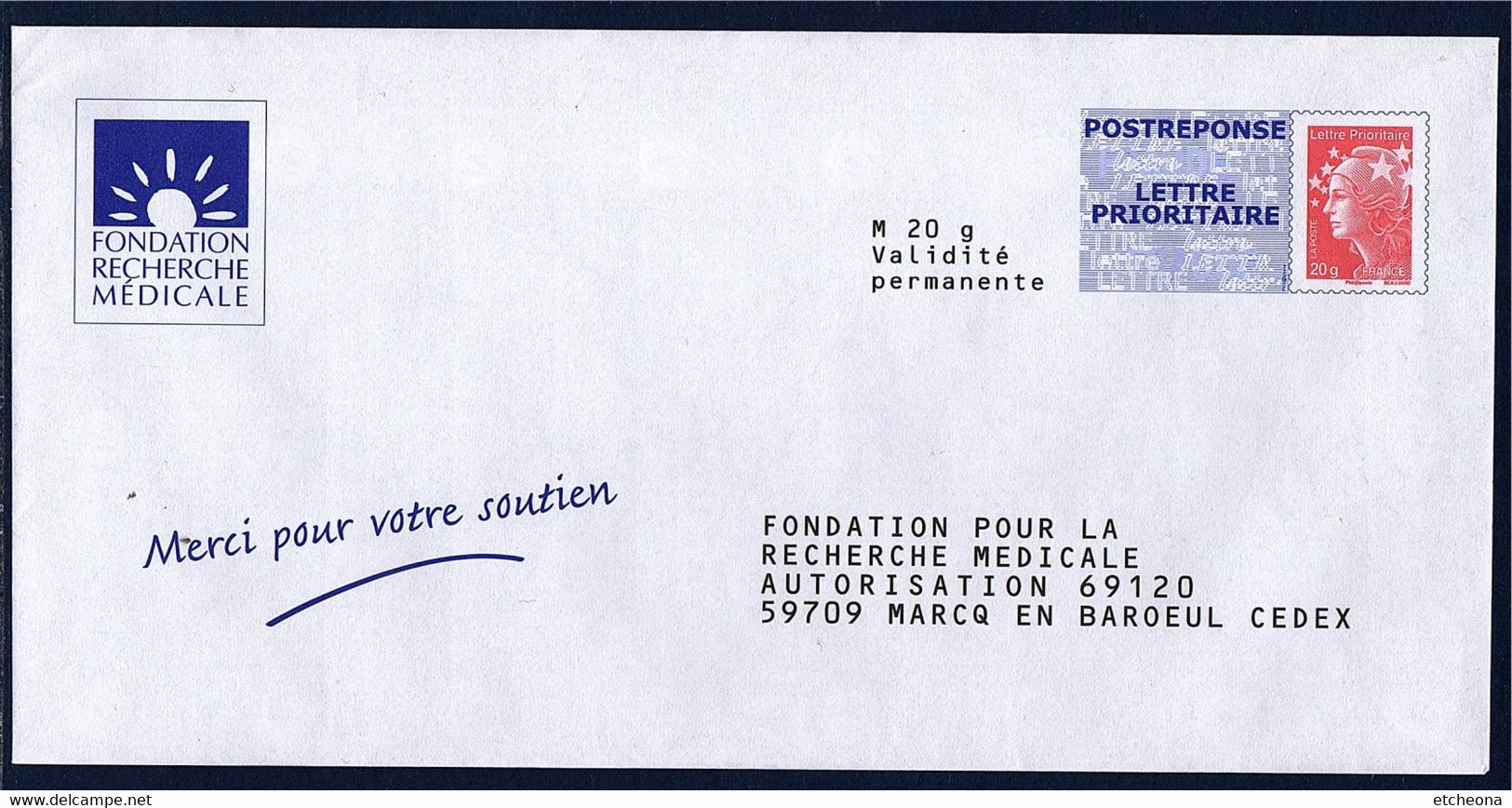 Fondation Pour La Recherche Enveloppe Postréponse Marianne Beaujard Non Circulé TVP LP Lot 13P232 Type N°4230 - Prêts-à-poster:reply