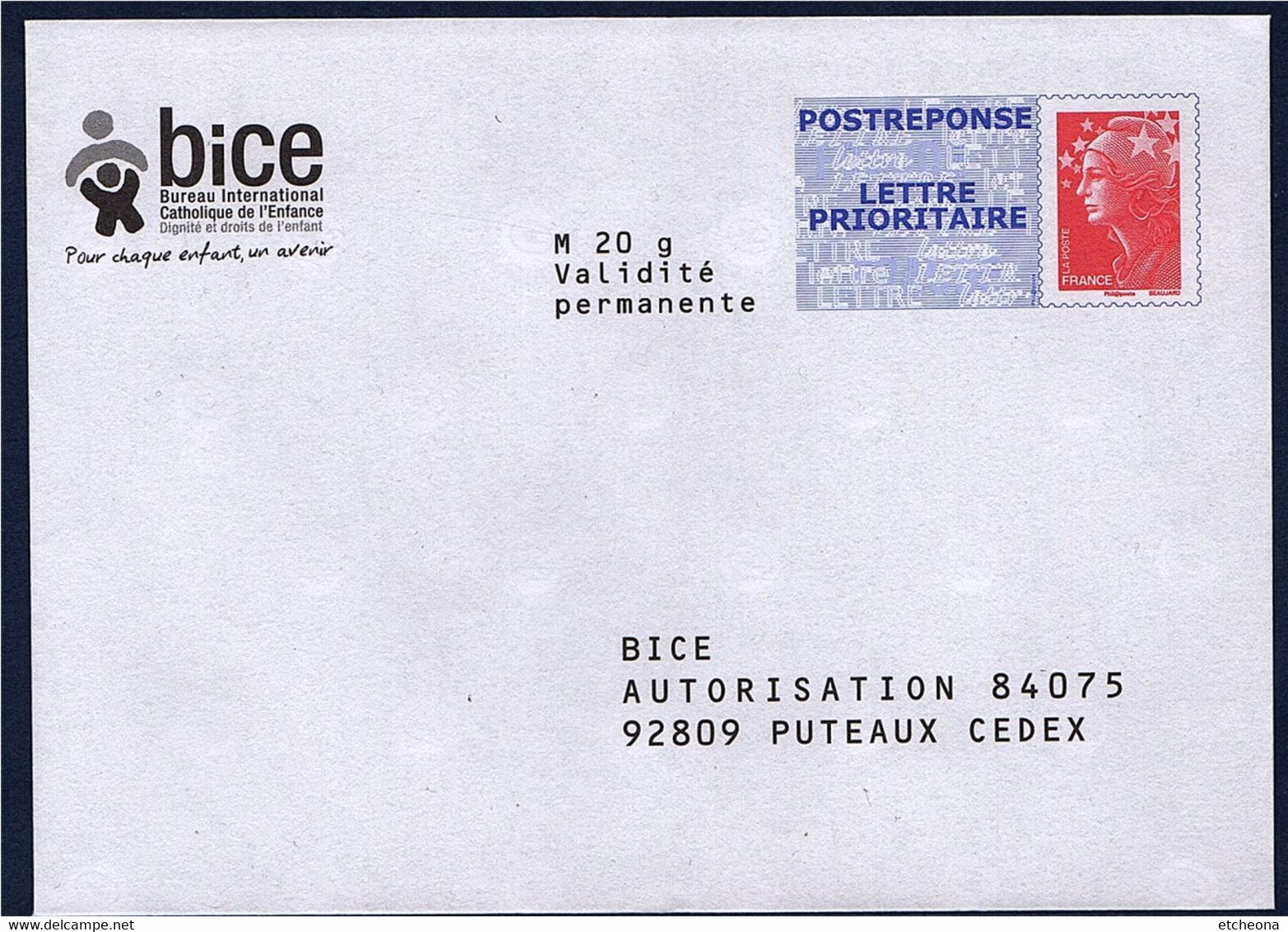 BICE Bureau International Catholique Enfance Enveloppe Postréponse Marianne Beaujard Neuve TVP LP Lot 11P042 Type N°4230 - Listos A Ser Enviados: Respuesta