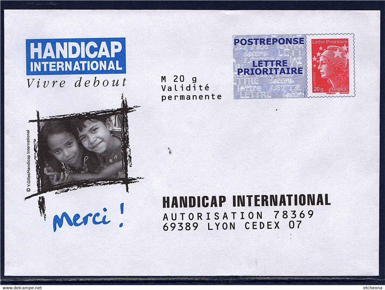 Handicap International Vivre Debout Enveloppe Postréponse Marianne Beaujard Neuve TVP LP Lot 11P566 Type N°4230 - Prêts-à-poster:reply