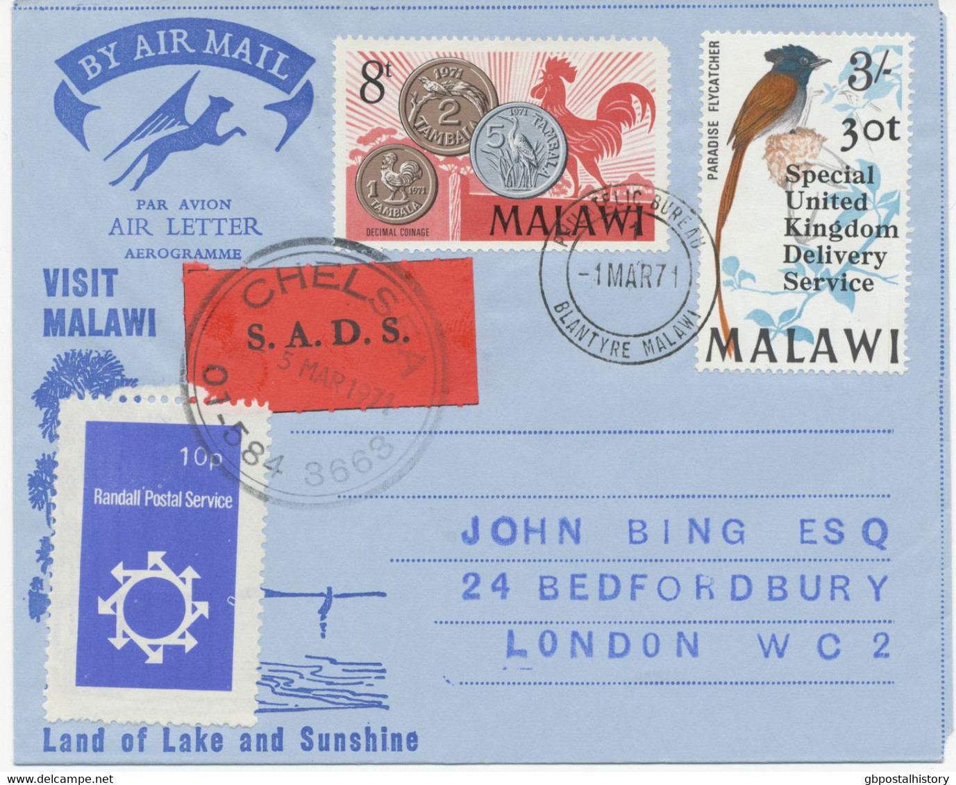 GB 1971 POSTAL STRIKE Airletter Malawi - London Carried By An Emergency Airmail Service - Lettres & Documents