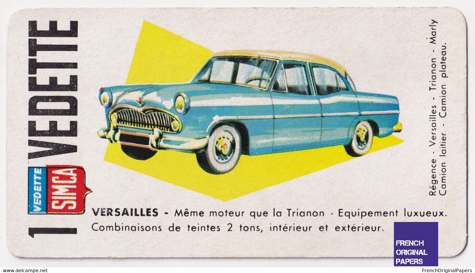 Image Carte De Jeu Thème Voiture Automobile 11x6cm - Années 1950/60 - Simca Vedette Versailles Luxe Moteur Trianon A59-1 - Other & Unclassified
