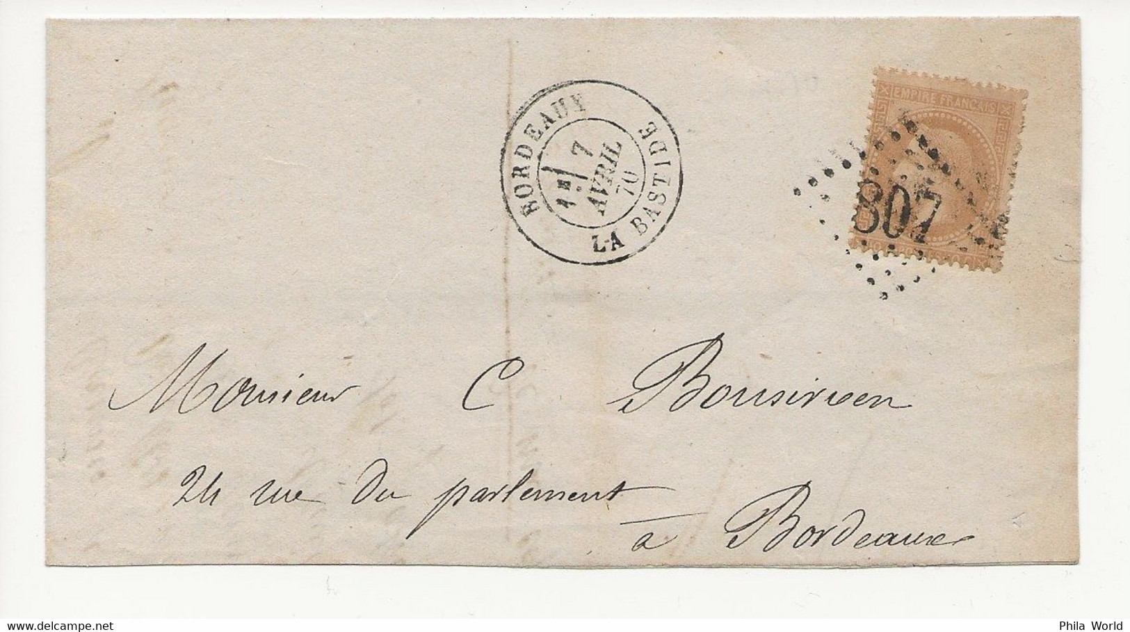 LAC 1870 NAPOLEON EMPIRE LAURE 10c BISTRE BORDEAUX GC 807 Pour Bordeaux - 1849-1876: Période Classique