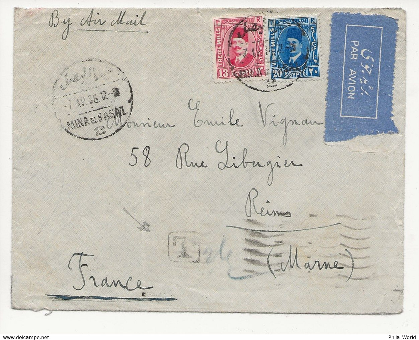 IMPERIAL AIRWAYS 1936 Airmail Air Mail Cover EGYPTE EGYPT PAR AVION To FRANCE REIMS Via MARSEILLE TAXE - 1921-1960: Modern Period