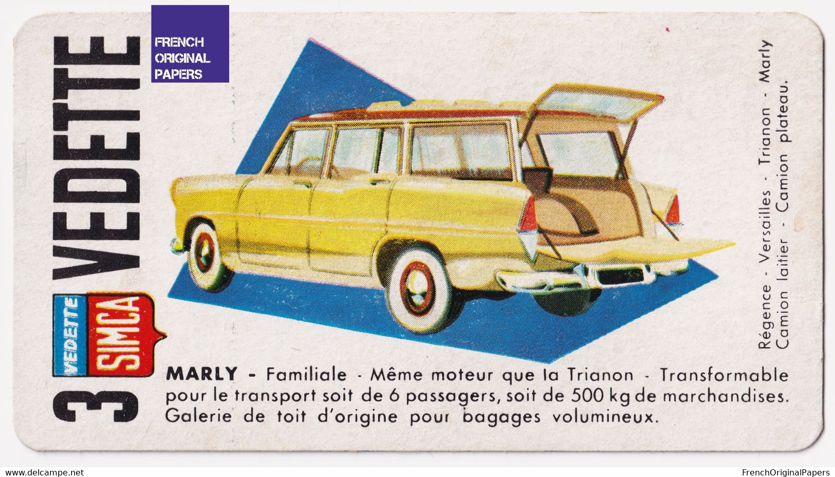 Image Carte De Jeu Thème Voiture Automobile 11x6cm - Années 1950/60 - Simca Vedette Marly Break Moteur Trianon A59-11 - Other & Unclassified