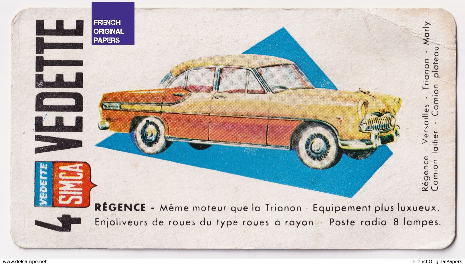 Image Carte De Jeu Thème Voiture Automobile 11x6cm - Années 1950/60 - Simca Vedette Régence Luxe Moteur Trianon A59-12 - Other & Unclassified