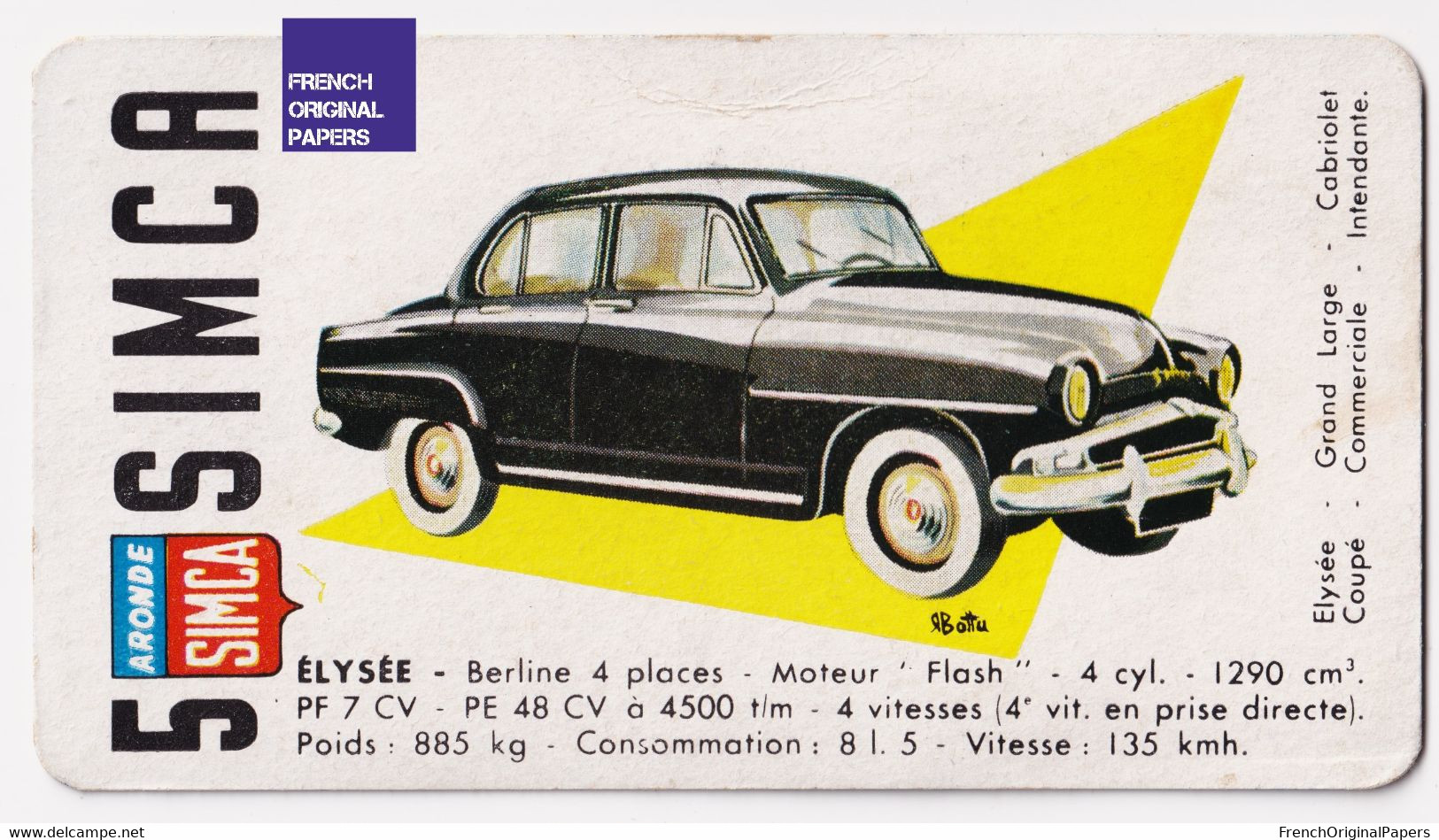 Image Carte De Jeu Thème Voiture Automobile 11x6cm - Années 1950/60 - Simca Aronde Elysée Berline Moteur Flash A59-47 - Other & Unclassified