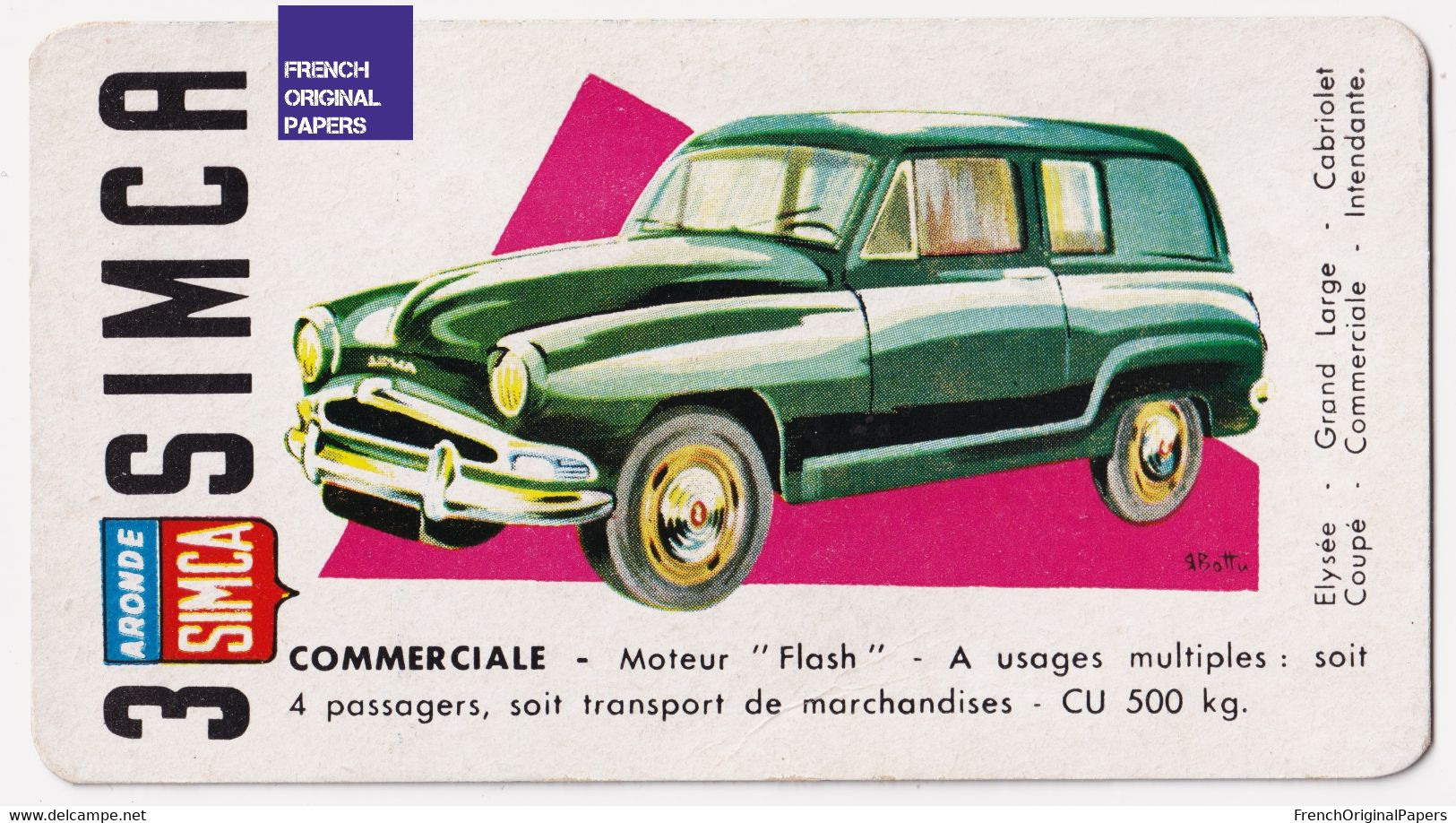 Image Carte De Jeu Thème Voiture Automobile 11x6cm - Années 1950/60 - Simca Aronde Commerciale Moteur Flash A59-54 - Other & Unclassified