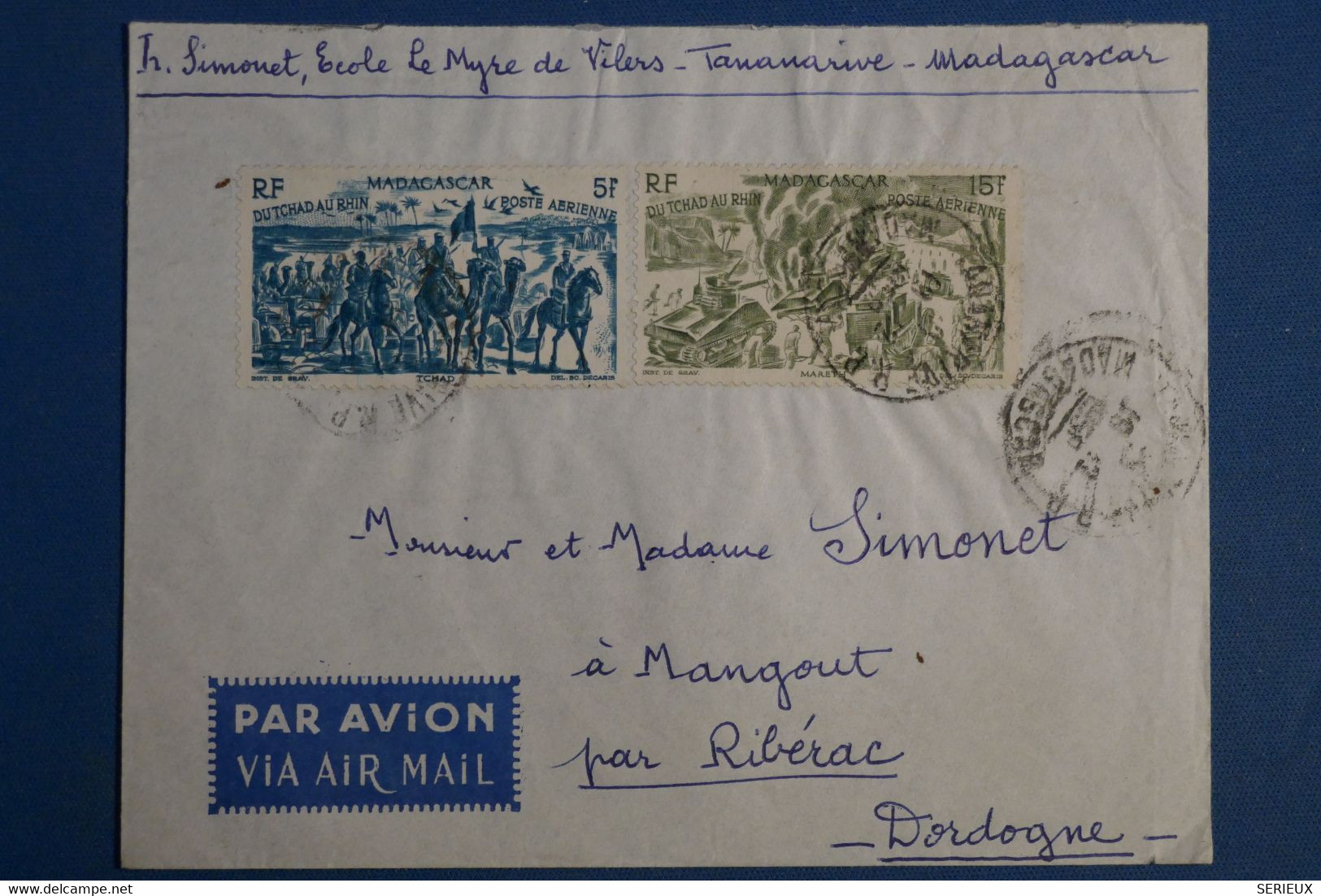 AP7 MADAGASCAR   BELLE LETTRE 1959 PAR AVIONB  POUR RIBERAC   FRANCE  +N°68 + +AFFRANCH.INTERESSANT - Luchtpost