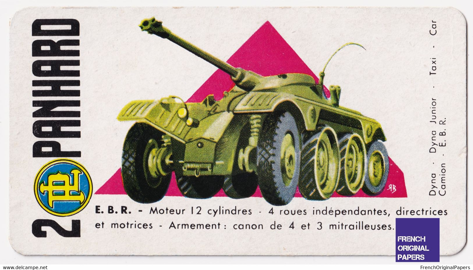 Image Carte De Jeu Thème Voiture Automobile 11x6cm -Années 1950/60 - Panhard Char E.B.R. Armée D'Assaut Militaire A59-67 - Other & Unclassified