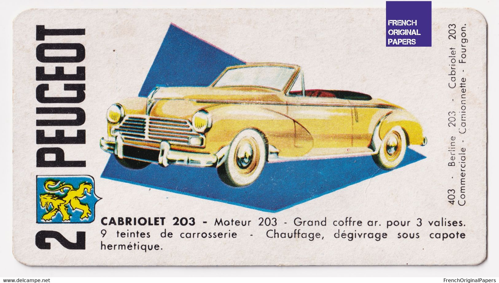 Image Carte De Jeu Thème Voiture Automobile 11x6cm -Années 1950/60 - Peugeot Cabriolet 203 Ancienne A59-73 - Other & Unclassified