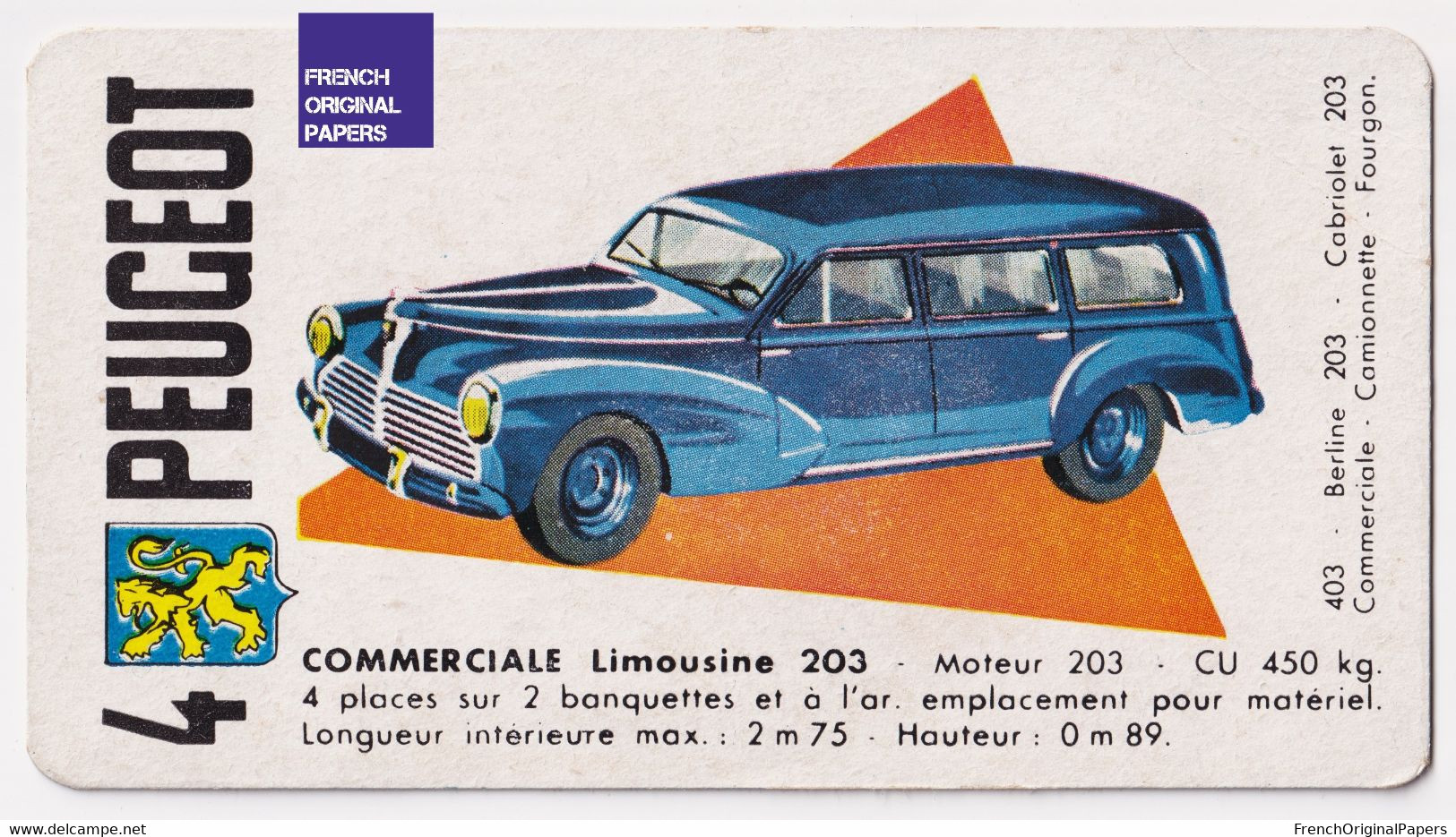 Image Carte De Jeu Thème Voiture Automobile 11x6cm -Années 1950/60 - Peugeot Commerciale Limousine 203 Ancienne A59-78 - Other & Unclassified