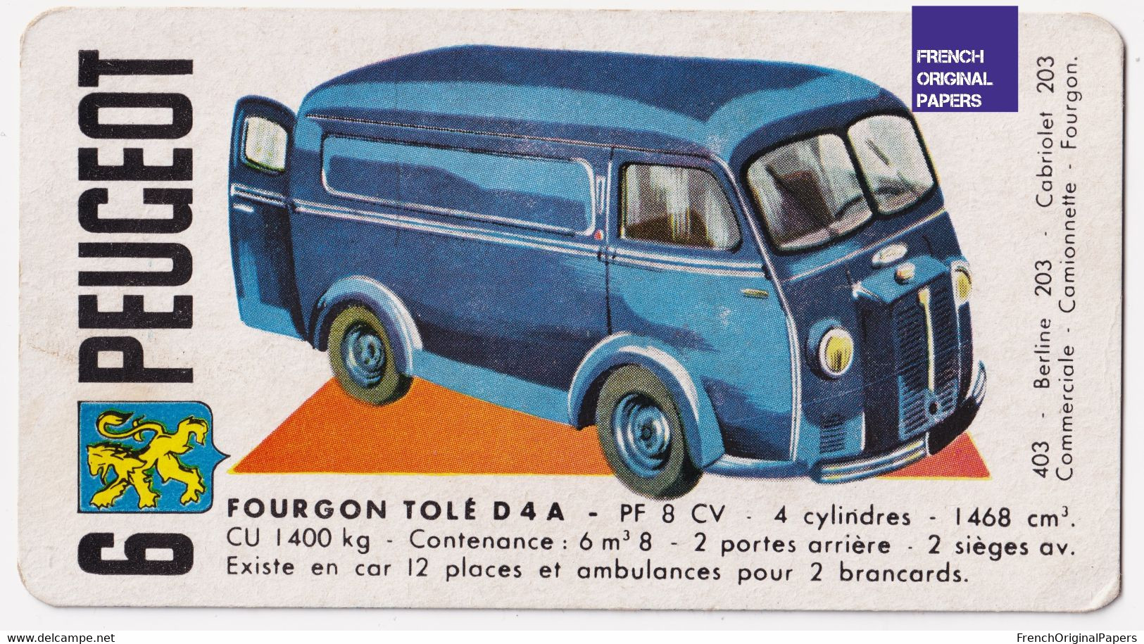 Image Carte De Jeu Thème Voiture Automobile 11x6cm -Années 1950/60 - Peugeot Fourgon Tolé D 4 A Camionnette A60-8 - Other & Unclassified