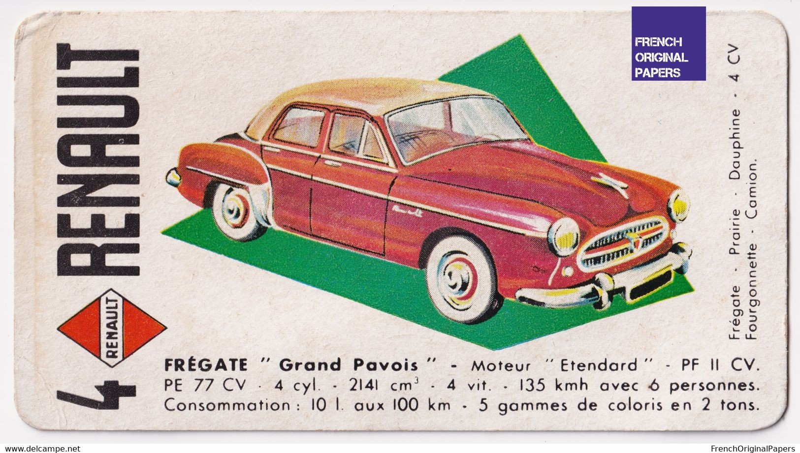 Image Carte De Jeu Thème Voiture Ancienne Automobile 11x6cm -Années 1950/60 - Renault Frégate Grand Pavois A60-34 - Other & Unclassified