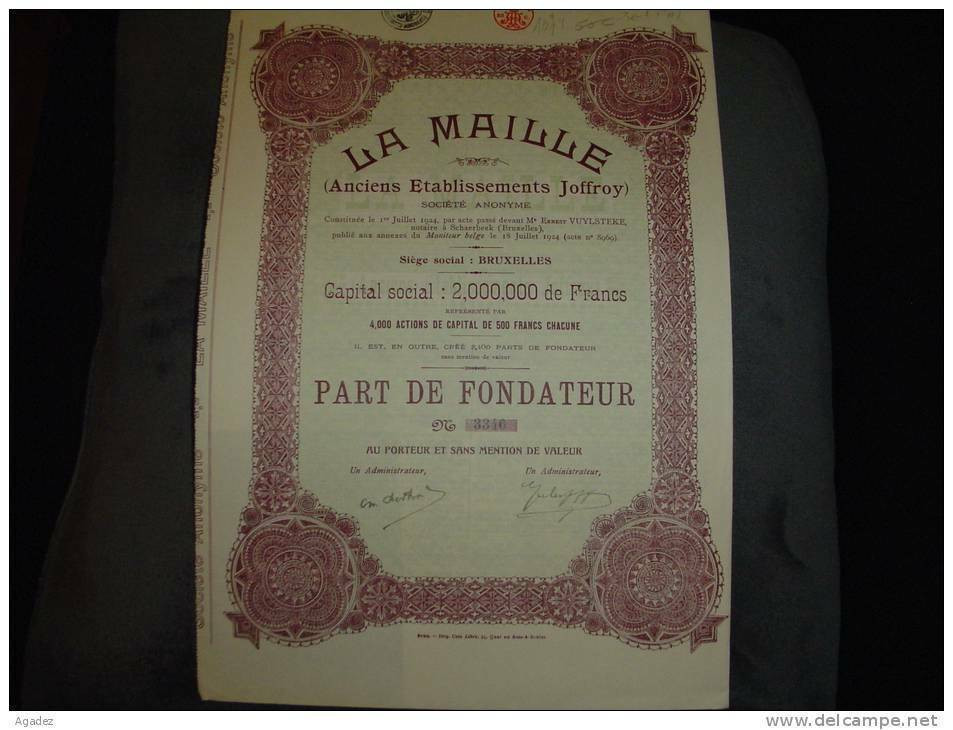 Part Fondateur " La Maille " Anc.Et.Joffroi Bruxelles1924 Textile Excellent état,avec Coupons. - Textil
