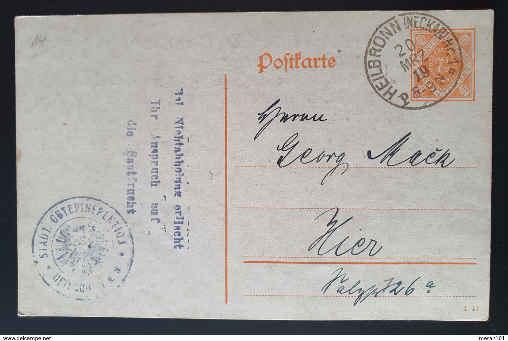 Württemberg 1919, Postkarte DP14 HEILBRONN "Städt. Güterinspektion" - Andere & Zonder Classificatie
