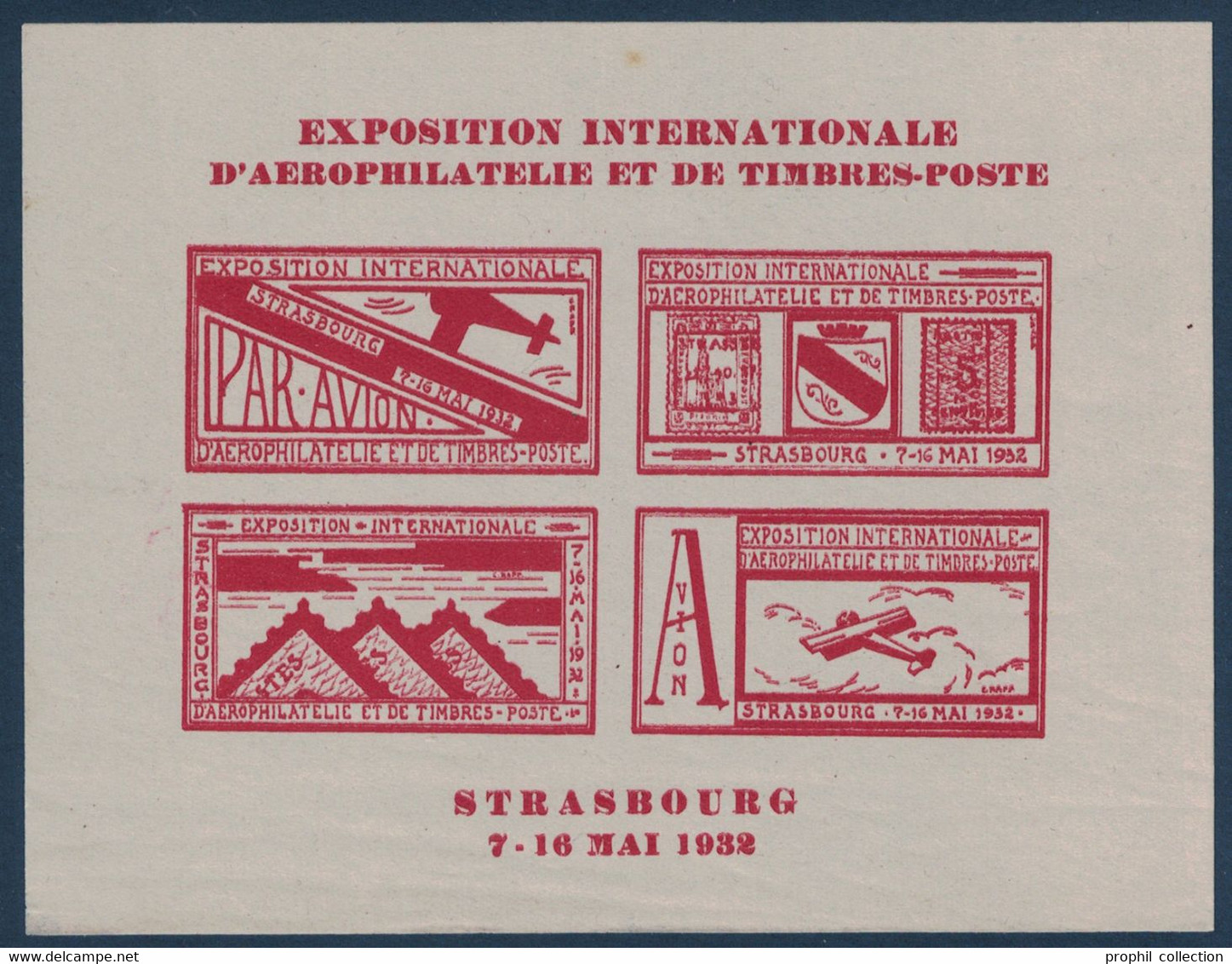 BLOC De 4 VIGNETTES AVIATION NON DENTELE - EXPOSITION INTERNATIONALE AEROPHILATELIE ET TIMBRES POSTE 1932 STRASBOURG - Aviation