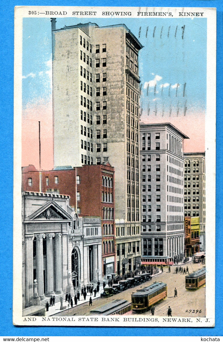 J041, Newark, Brod Street Showing Firemen's, Kinney And National State Bank Buildings, Circulée 1929 - Andere & Zonder Classificatie