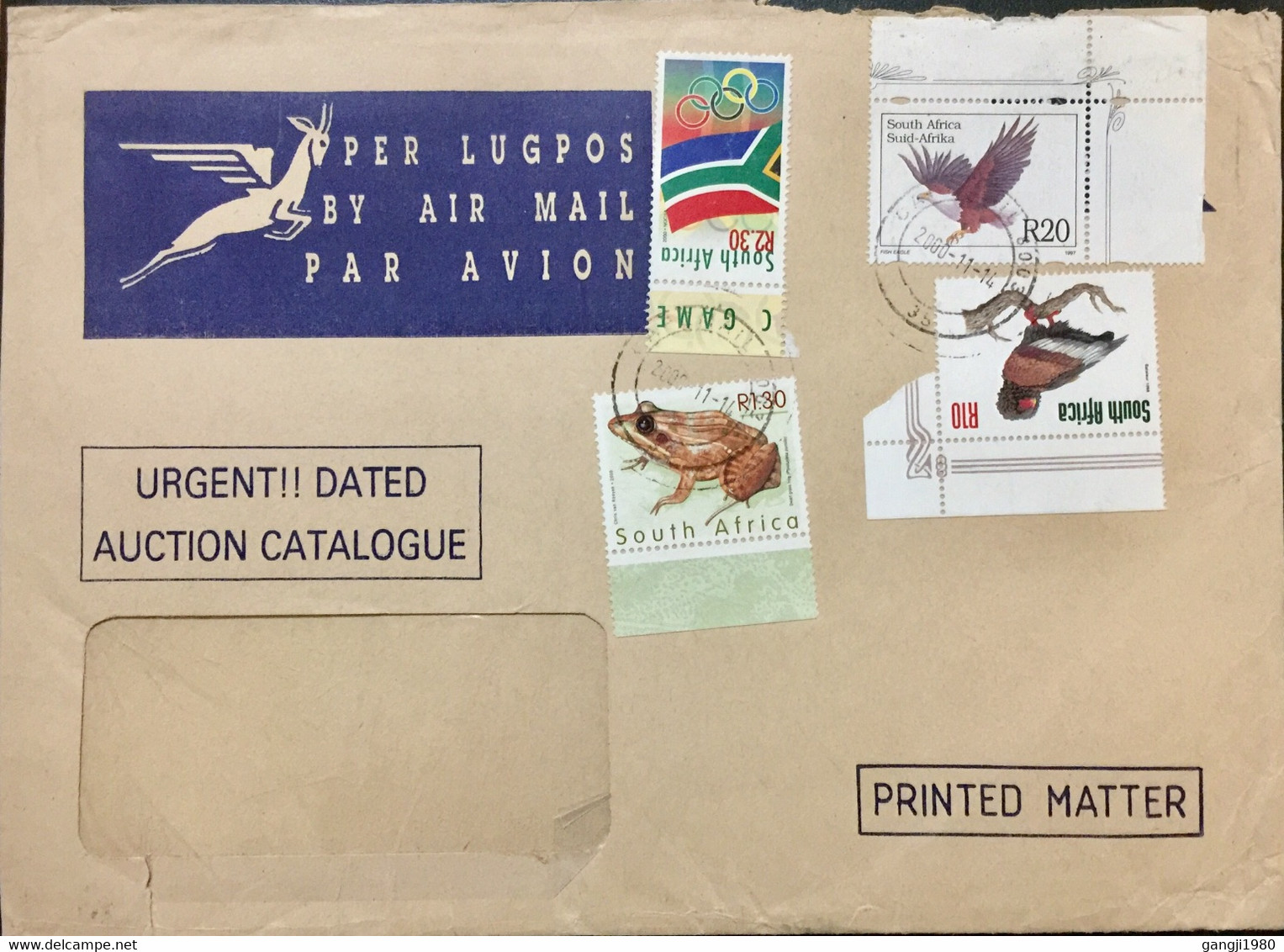 SOUTH AFRICA 2000 ,AIRMAIL FLYING DEER -PRINTED USED COVER, BIRD, FROG ,OLYMPIC, 4 DIFFERENT STAMP USED - Cartas & Documentos