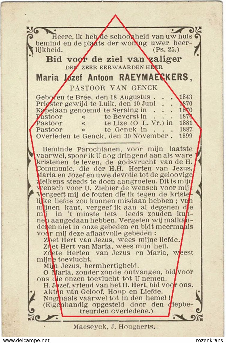 Jozef Raeymaeckers Bree Luik Seraing Beverst Lize Genk 1899 Priester Pastoor Zeer Oud Doodsprentje Bidprentje - Bree