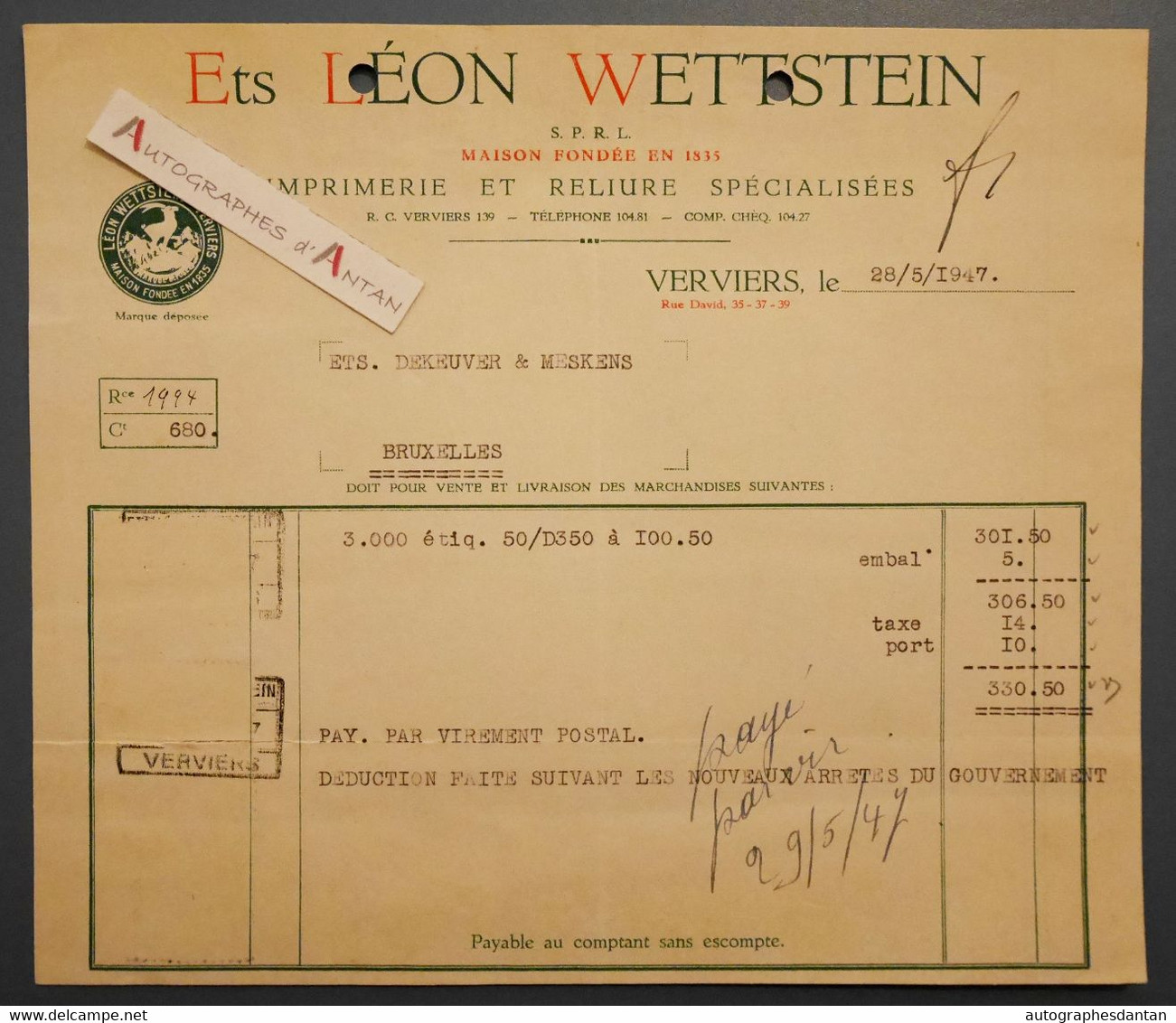 Léon WETTSTEIN Imprimerie & Reliure - VERVIERS - Facture 1947 > Ets Dekeuver Et Meskens - Belgique - Imprenta & Papelería