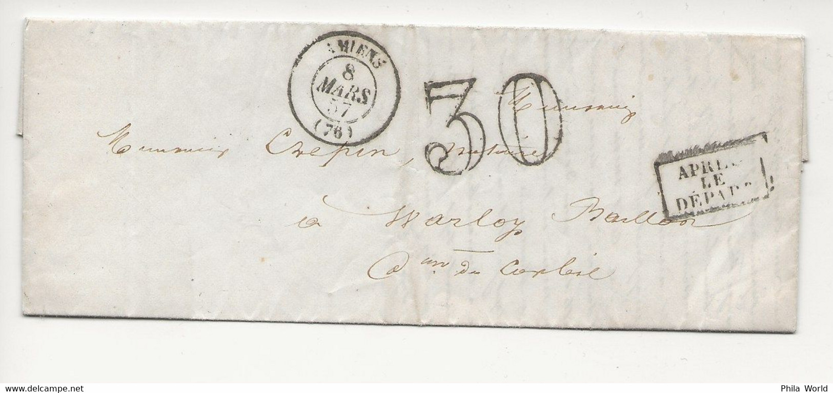 Lettre AMIENS Pour WORLOY BAILLON TAXEE à 30c Avec CHFFRE TAXE DOUBLE TRAIT - 1849-1876: Classic Period