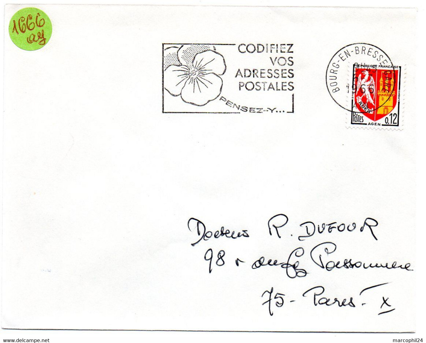 AIN - Dépt N° 01 = BOURG En BRESSE GARE 1966 = FLAMME SUPERBE = SECAP Multiple ' PENSEZ + CODIFIEZ' = Pensée N° 1 - Zipcode