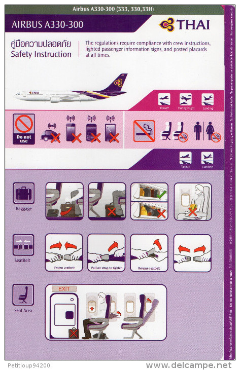 CONSIGNES DE SECURITE / SAFETY CARD *AIRBUS A330-300  Thai - Consignes De Sécurité