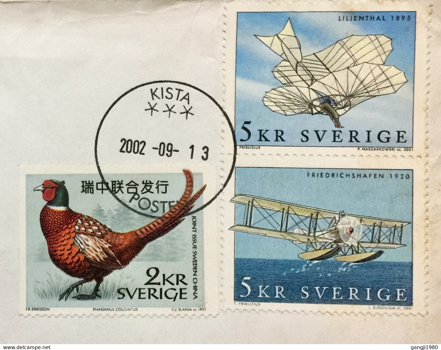 SWEDEN 2002, COVER USED TO INDIA, 3 DIFF STAMP, SWEDEN CHINA JOINT ISSUE PEACOCK,  EARLY AIRPLANE, KISTA & SOLAPUR CITY - Lettres & Documents