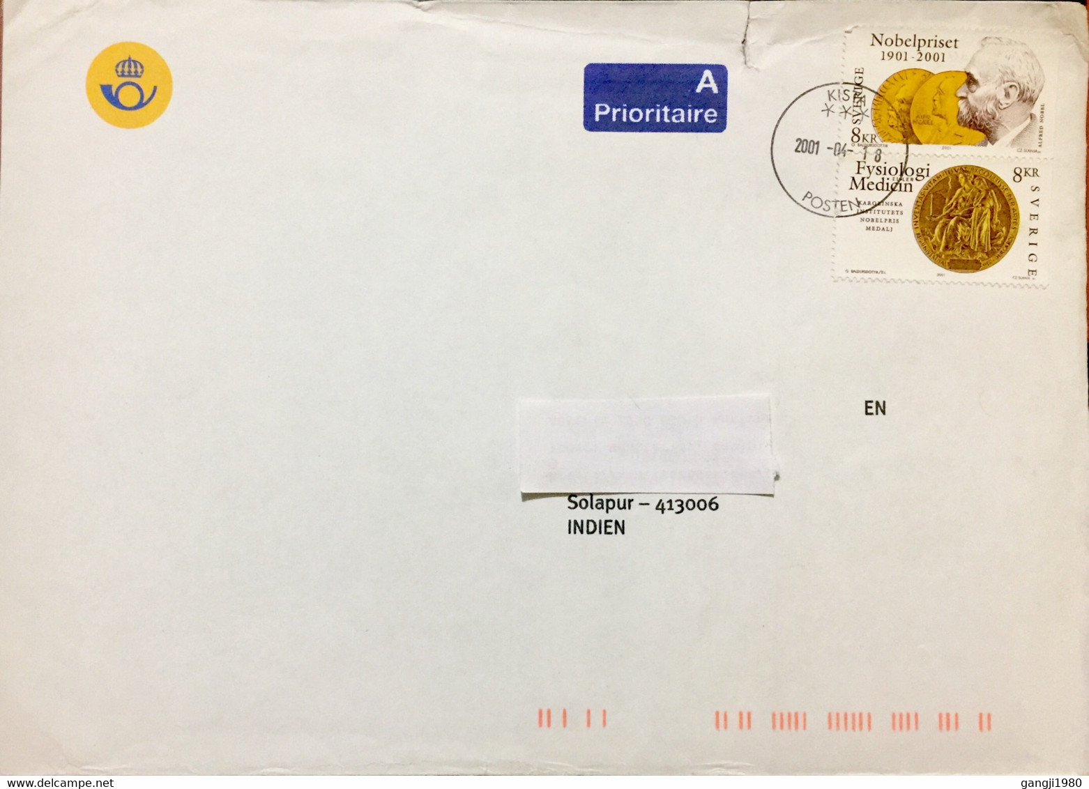 SWEDEN 2001, COVER USED TO INDIA, NOBEL PRIZE & MEDAL, SE TENANT STAMP, KISTA CITY CANCEL,16 KROWN RATE - Covers & Documents