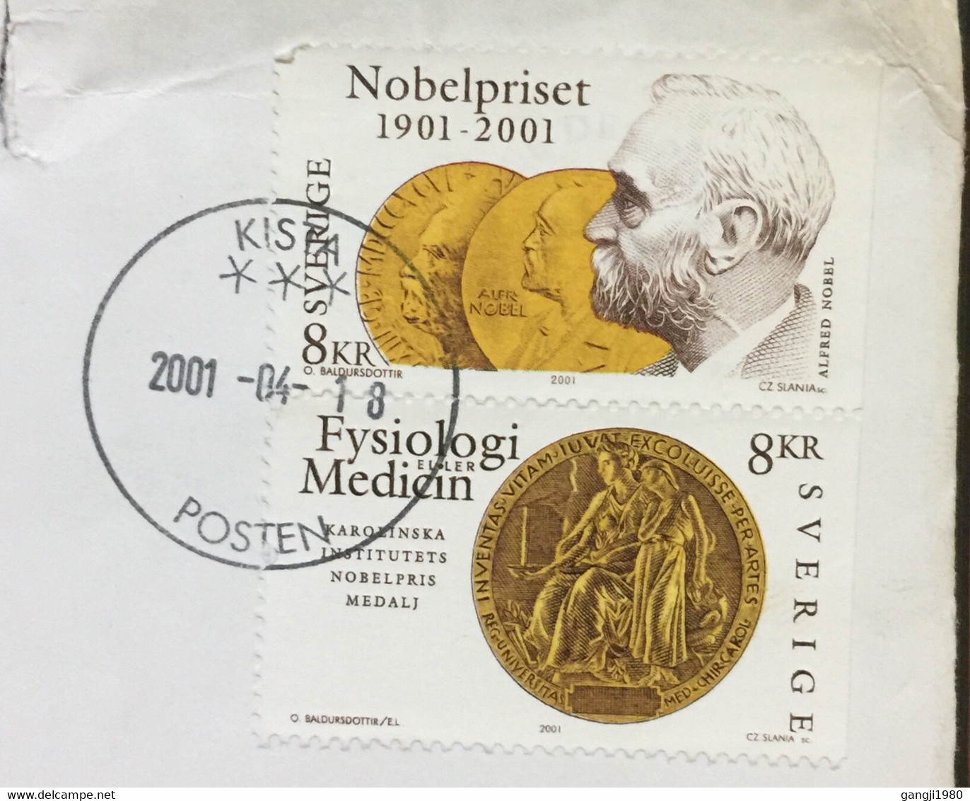 SWEDEN 2001, COVER USED TO INDIA, NOBEL PRIZE & MEDAL, SE TENANT STAMP, KISTA CITY CANCEL,16 KROWN RATE - Covers & Documents