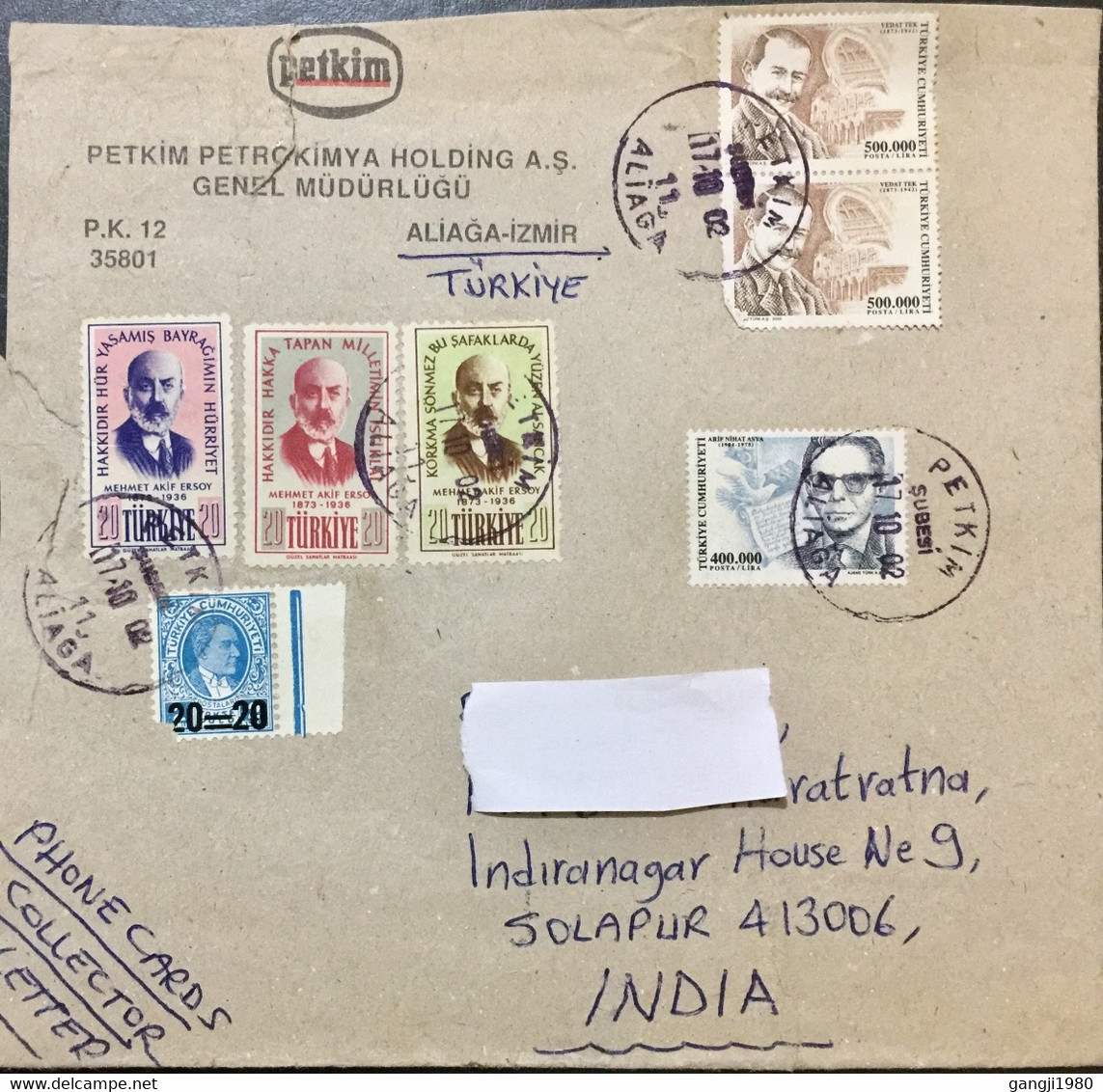 TURKEY 2002,PETKIM HOLDING COVER TO INDIA,VEDAT TEK ,ARIE NIHAT ASY, MEHMET AKIF, 1956  3 STAMPS USED AFTER 65 YEARS!!! - Briefe U. Dokumente