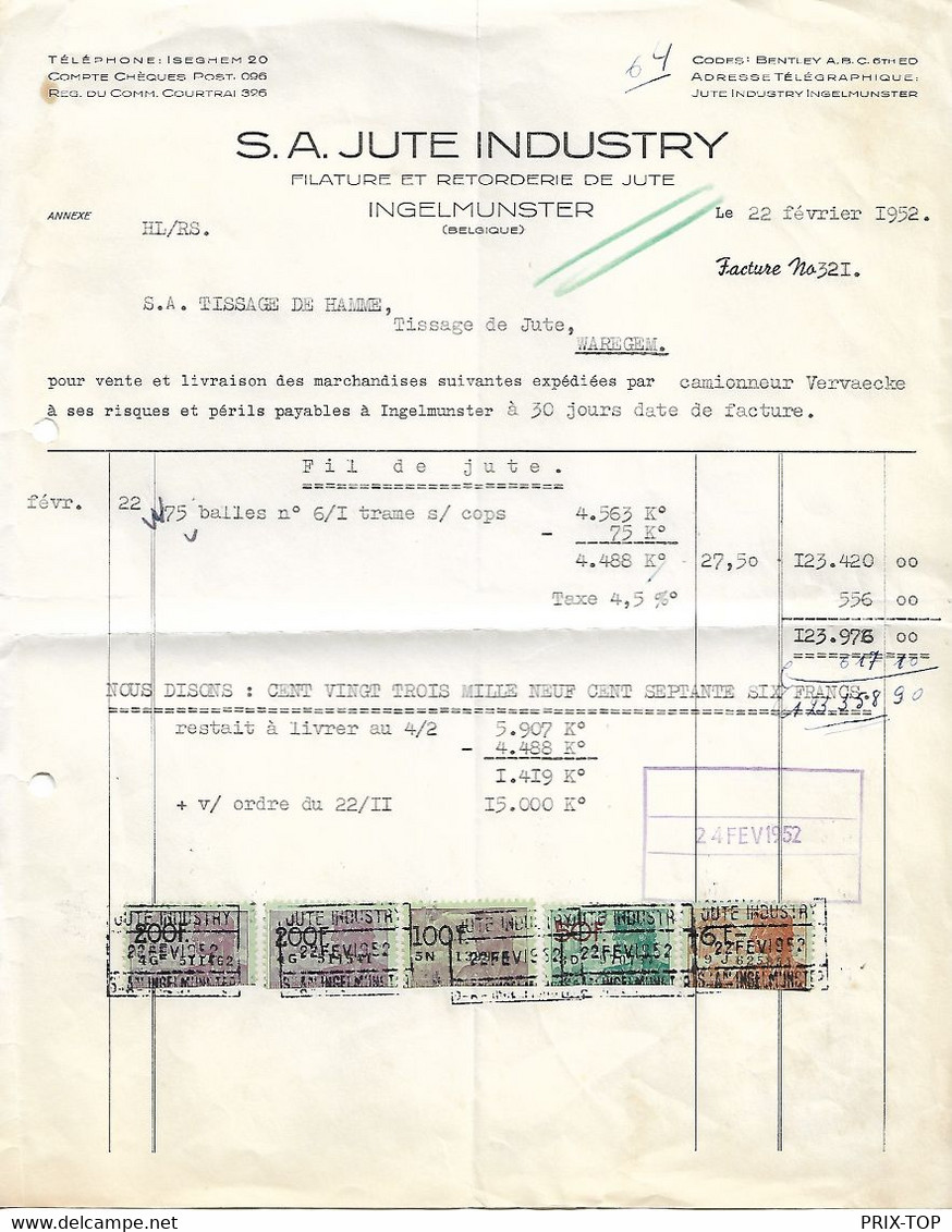 SP318/ TP Fiscaux De 456 F S/ Facture S.A. Jute Industry Daté De Ingelmunster 22/2/1952 > Waregem - Documents